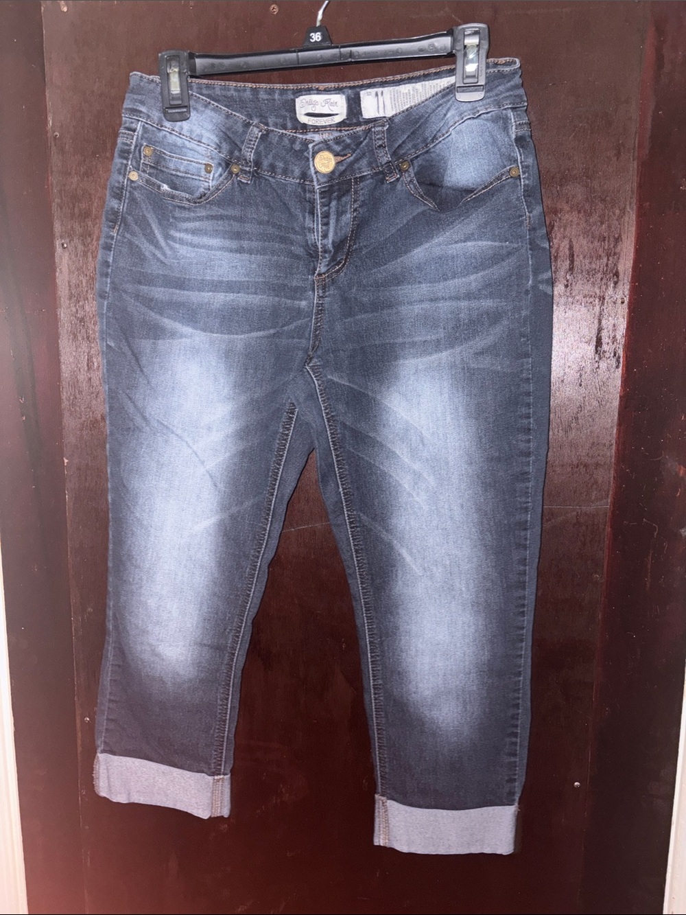 Dark Blue Ankle Denim Jeans with Cuffed Hem
